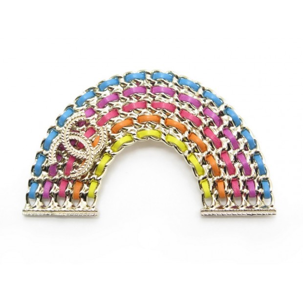 NEUF BROCHE CHANEL ARC EN CIEL A98020 EN METAL DORE ET CUIR + BOITE BROOCH 610€