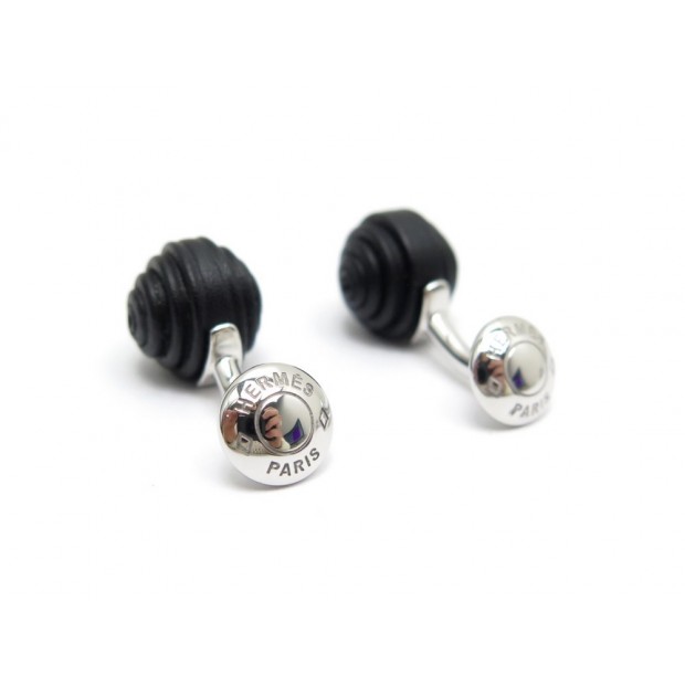 NEUF BOUTONS DE MANCHETTE HERMES JOJOBA SOLO ARGENT ET CUIR BOX CUFFLINKS 390€