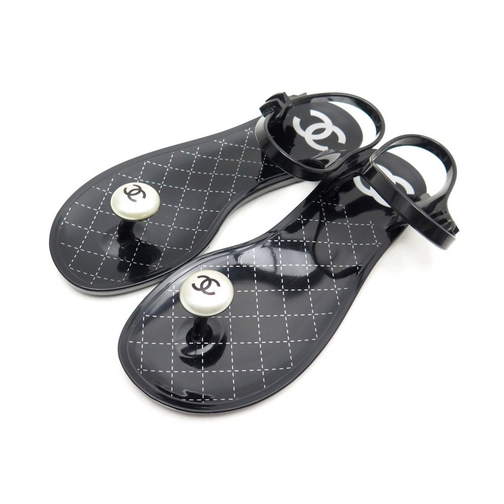 Chanel Black Camellia CC Jelly Flat Sandals Size 37 Chanel