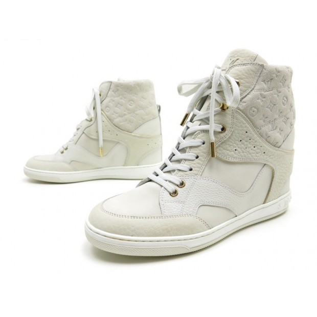 NEUF CHAUSSURES LOUIS VUITTON CLIFF TOP WEDGE 39 BASKET MONTANTES CUIR ECRU 790€