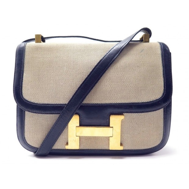 VINTAGE SAC A MAIN HERMES CONSTANCE TOILE & CUIR BOX BLEU MARINE HAND BAG 6850€