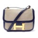 VINTAGE SAC A MAIN HERMES CONSTANCE TOILE & CUIR BOX BLEU MARINE HAND BAG 6850€