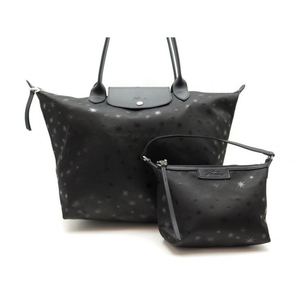 NEUF SAC LE PLIAGE LONGCHAMP + POCHETTE NOIR ETOILES 