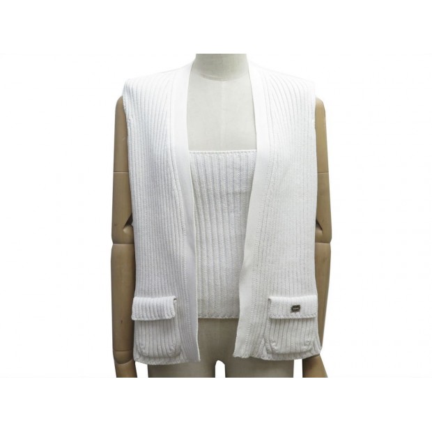 TWIN SET CHANEL GILET P19503 T42 L + HAUT TOP P19537 T40 M EN COTON BLANC 2500€