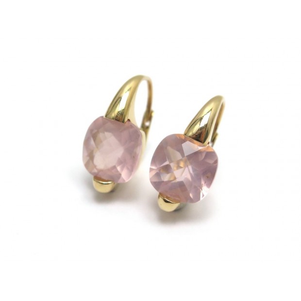 BOUCLE OREILLES OR JAUNE 18K ET QUARTZ ROSE 6.4GR