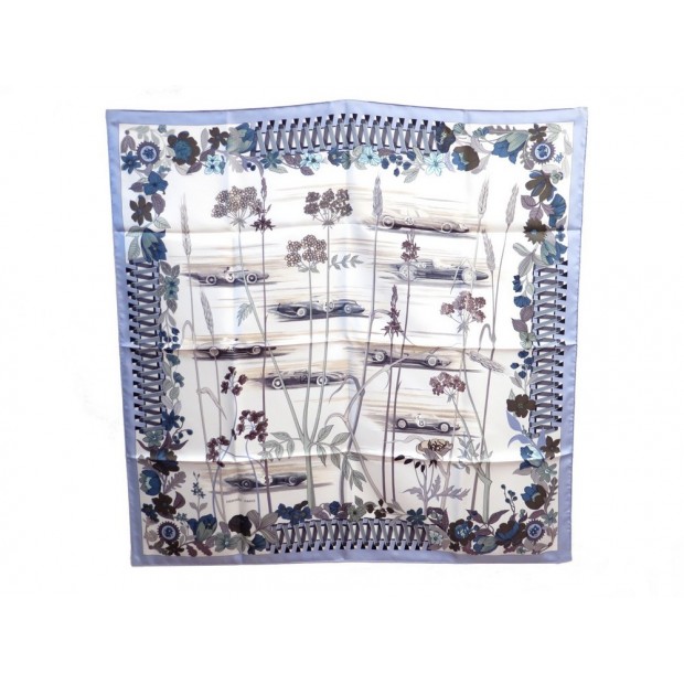 NEUF FOULARD HERMES LES BOLIDES RENE DUMAS CARRE EN SOIE BLEU SILK SCARF 345€