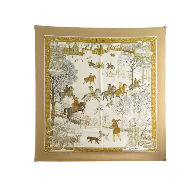 FOULARD HERMES L'HIVER CARRE 90 SOIE BEIGE PAR PHILIPPE LEDOUX SILK SCARF 375€