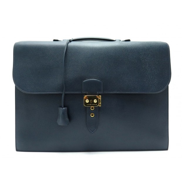 NEUF SACOCHE HERMES SAC A DEPECHE 2 SOUFFLETS CUIR CLEMENCE BLEU 