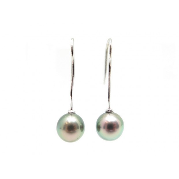 BOUCLES D'OREILLES DORMEUSES OR GRIS 18K ET PERLE TAHITI NOIRE PEARL EARRINGS