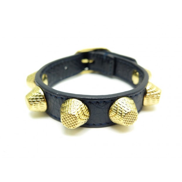 BRACELET BALENCIAGA GIANT STUD 303734 M EN CUIR BLEU MARINE & DORE + BOITE 230€