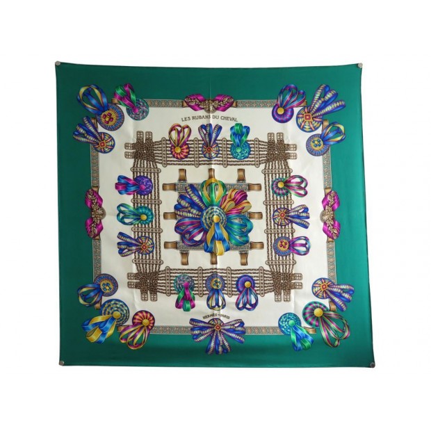 FOULARD HERMES LES RUBANS DU CHEVAL METZ CARRE 90 EN SOIE VERT SILK SCARF 375€