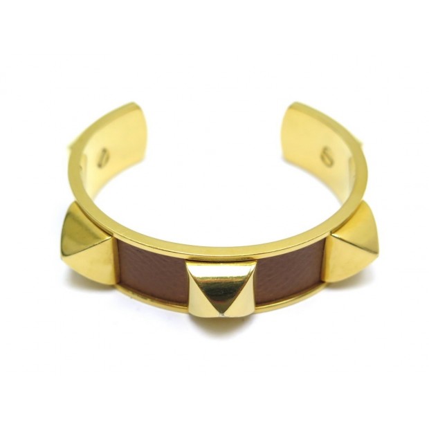 BRACELET HERMES SAINT CLOUD TAILLE 16 EN METAL DORE ET CUIR EPSOM MARRON BANGLE