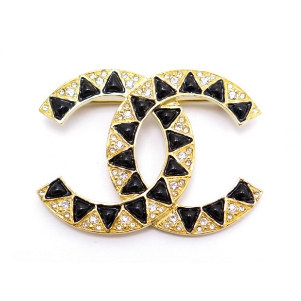 NEUF BROCHE CHANEL EGYPTE LOGO CC STRASS LAQUE NOIRE EN METAL DORE BROOCH 480€