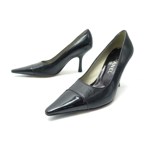 NEUF CHAUSSURES CHANEL ESCARPINS 38.5 EN CUIR NOIR BLACK LEATHER PUMP SHOES 690€