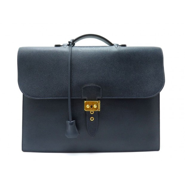 SACOCHE HERMES SAC A DEPECHES 2 SOUFFLETS CARTABLE EN CUIR COURCHEVEL BLEU 5800€