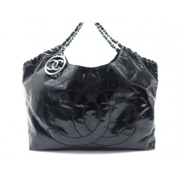 SAC A MAIN CHANEL CABAS COCO GM EN CUIR VERNI NOIR BLACK LEATHER HANDBAG 1755€