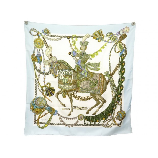 FOULARD HERMES LE TIMBALIER FRANCOISE HERON CARRE 90 SOIE BLEU SILK SCARF 375€