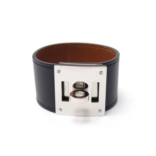 BRACELET HERMES KELLY DOG T3 EN CUIR BOX NOIR FINITION PALLADIE + BOITE 525€