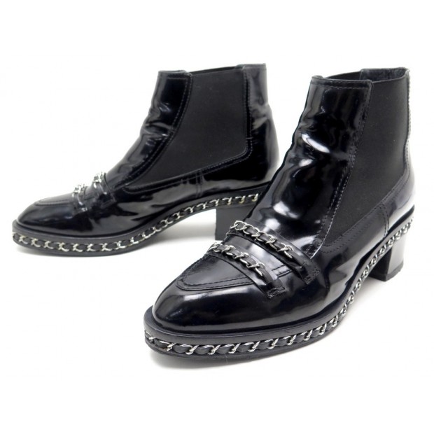 CHAUSSURES CHANEL G29587 41 CHAINE ENTRELACEE BOTTINES A TALONS CUIR BOOTS 1100€