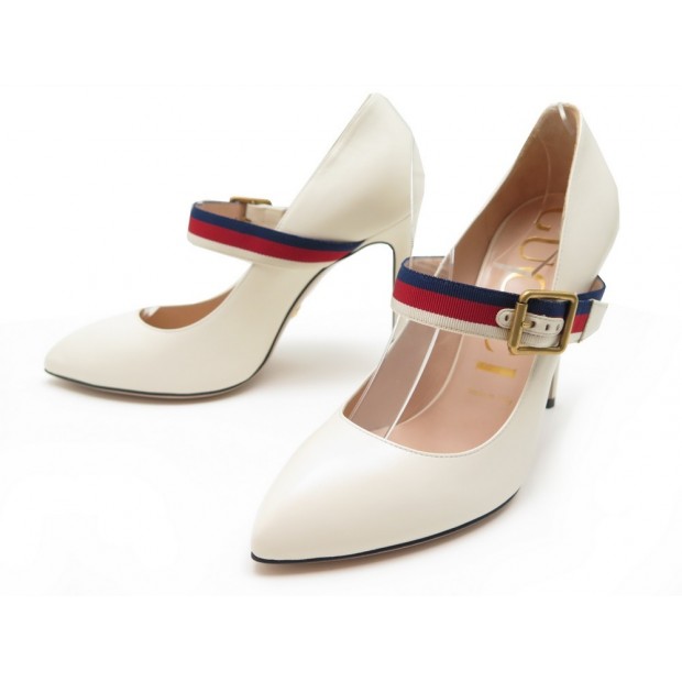 NEUF CHAUSSURES GUCCI SYLVIE 475085 37.5 IT 38.5 FR ESCARPINS EN CUIR BLANC 590€