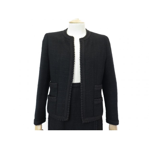 VINTAGE TAILLEUR CHANEL VESTE ET JUPE BOUTONS CAMELIA T 40 M EN TWEED NOIR 6500€