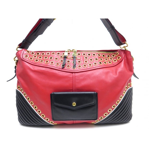 SAC A MAIN MIU MIU BIKER CUIR BICOLORE ROUGE ET NOIR 