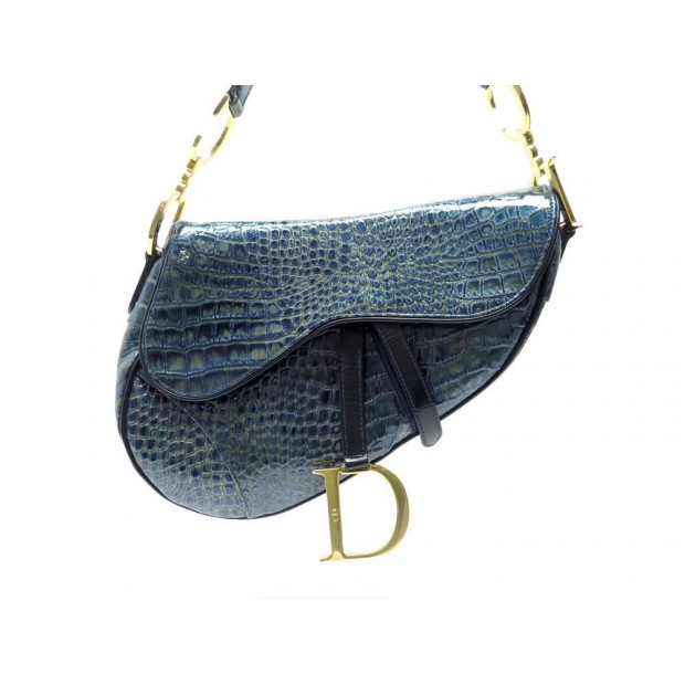 SAC A MAIN CHRISTIAN DIOR SADDLE CUIR FACON CROCODILE VERNI BLEU HAND BAG 2600€