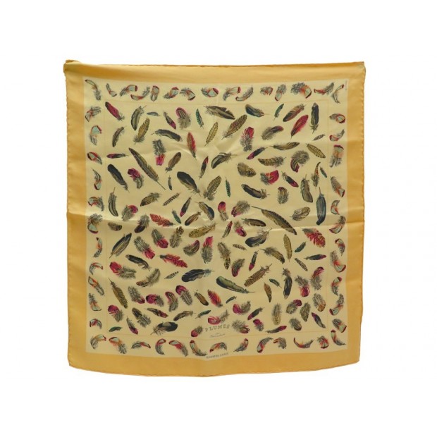 FOULARD HERMES PLUMES GAVROCHE HENRI DE LINARES EN SOIE JAUNE SILK SCARF 175€