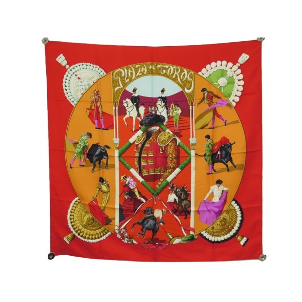 FOULARD HERMES PLAZA DE TOROS HUBERT DE WATRIGANT SOIE ROUGE RED SILK SCARF 375€