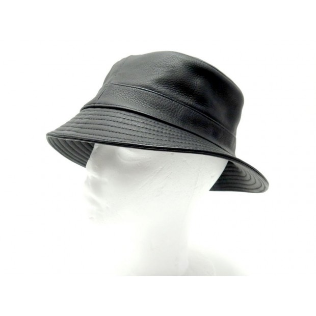 NEUF CHAPEAU HERMES BOB TAILLE 57 CUIR DE CERF NOIR NEW BLACK LEATHER HAT 435€