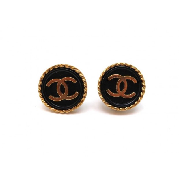 BOUCLES D'OREILLES CHANEL LOGO CC METAL DORE ET NOIR GOLDEN EARRINGS 420€