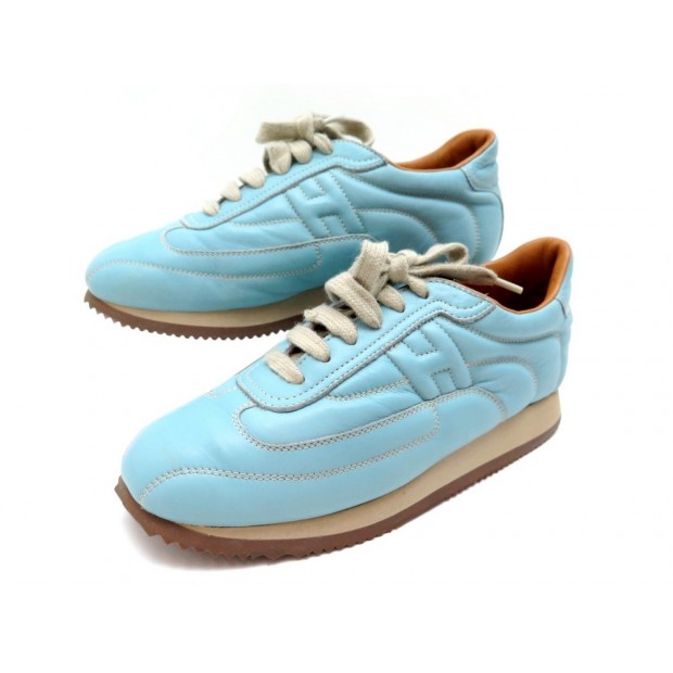 CHAUSSURES HERMES QUICK 36.5 BASKETS CUIR BLEU BLUE LEATHER SNEAKERS SHOES 670€