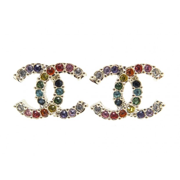 NEUF BOUCLES D'OREILLES CHANEL LOGO CC STRASS MULTICOLORES + BOITE EARRINGS 390€