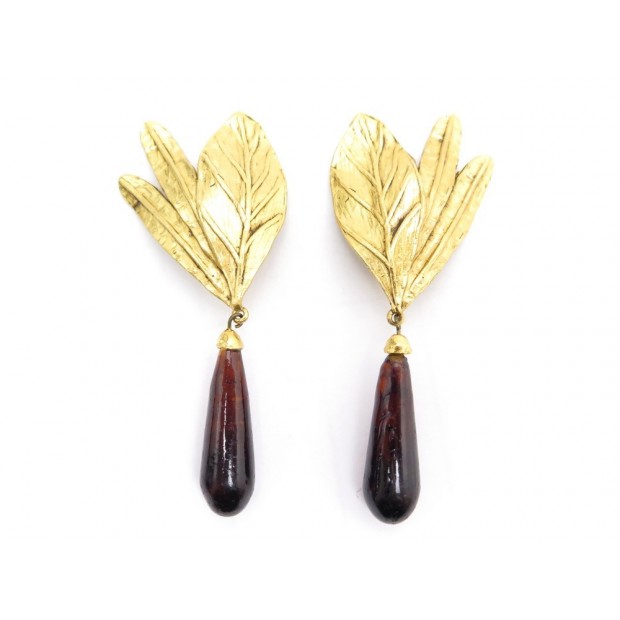 VINTAGE BOUCLES D'OREILLES CHRISTIAN DIOR PENDANTES FEUILLES AMBRE EARRINGS 450€