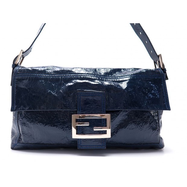 NEUF SAC A MAIN FENDI GRANDE BAGUETTE CUIR VERNI BLEU 