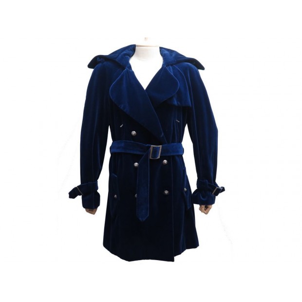 MANTEAU LONG CHANEL BOUTONS TETE DE LION P33903 VELOURS DE COTON BLEU COAT 6500€