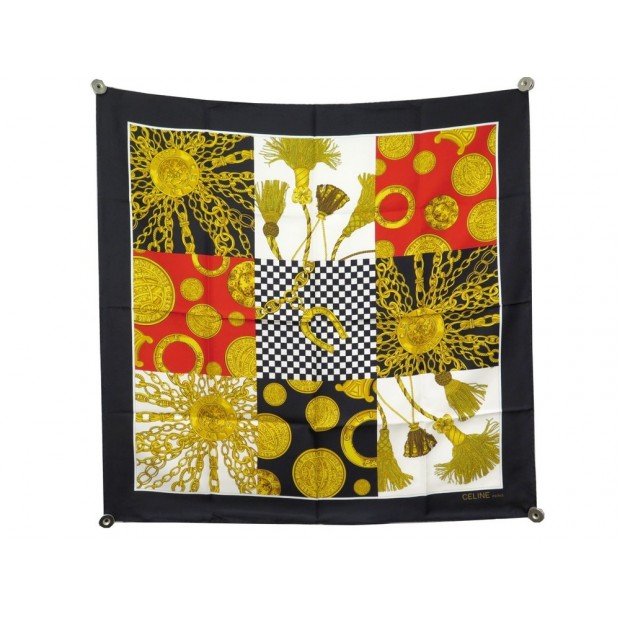 NEUF FOULARD CELINE CARRE 90 EN SOIE DORE NOIR NEW GOLDEN BLACK SILK SCARF 380€