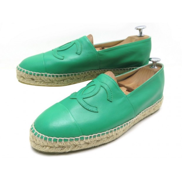 NEUF CHAUSSURES CHANEL LOGO CC G29762 41 SANDALES ESPADRILLES EN CUIR VERT 690€