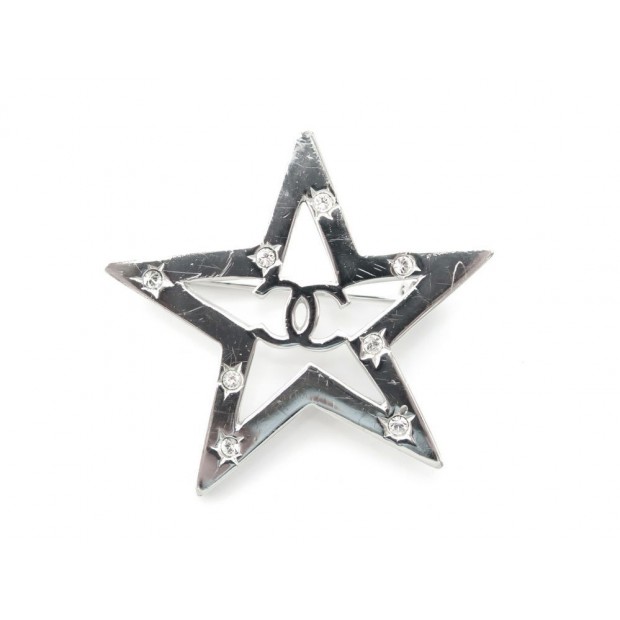 BROCHE CHANEL ETOILE STRASS EN METAL ARGENTE + BOITE SILVER STAR BROOCH 480€