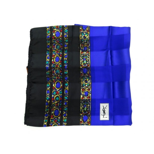 NEUF FOULARD YVES SAINT LAURENT CHALE CARRE 140 EN SOIE BLEU SILK SCRAF SHAWL