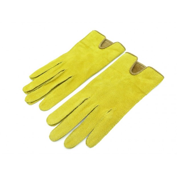 NEUF VINTAGE GANTS CHANEL LOGO CC EN VELOURS JAUNE + BOITE VELVET GLOVES 790€