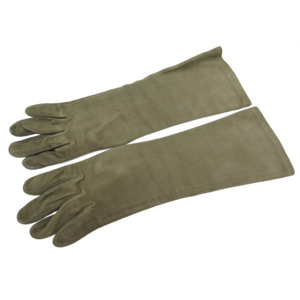 VINTAGE GANTS HERMES T 7 EN DAIM VEAU VELOURS MARRON BOITE SUEDE GLOVES 580€