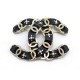 NEUF BROCHE CHANEL LOGO CC CUIR STRASS & PERLES EN METAL DORE NOIR BROOCH 890€