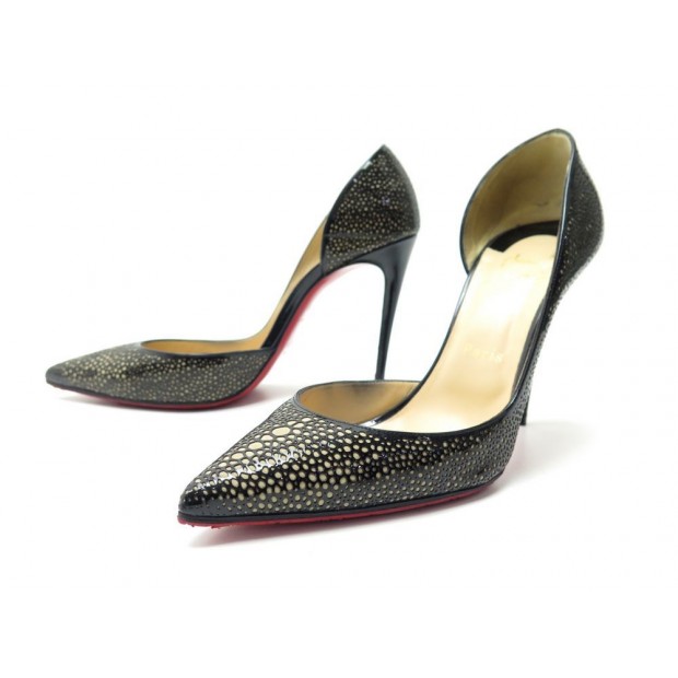 CHAUSSURES CHRISTIAN LOUBOUTIN ESCARPINS IRIZA 38.5 CUIR VERNIS NOIR BEIGE 575€