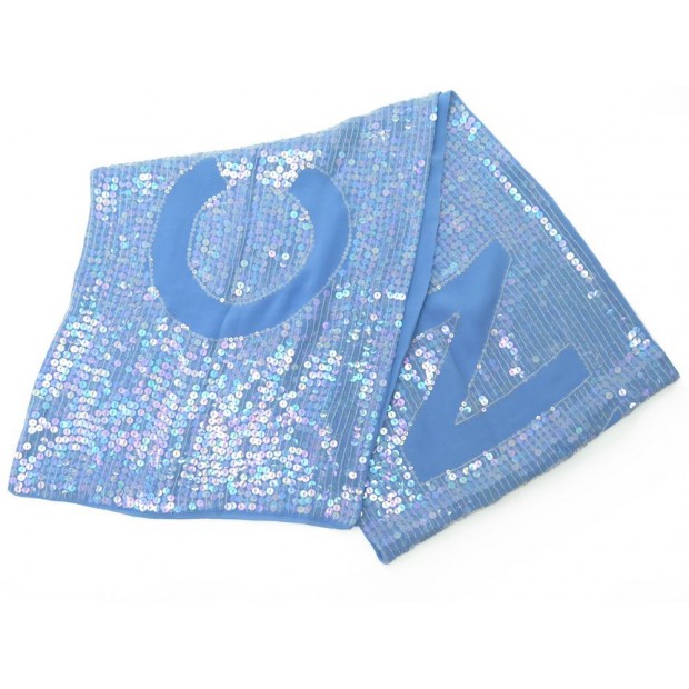 NEUF ECHARPE CHANEL ETOLE EN SOIE ET SEQUINS BLEU FOULARD BLUE SILK SCARF 680€