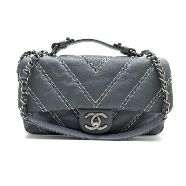 NEUF SAC A MAIN CHANEL TIMELESS MOTIFS CHEVRON BANDOULIERE CUIR GRIS BAG 6050€