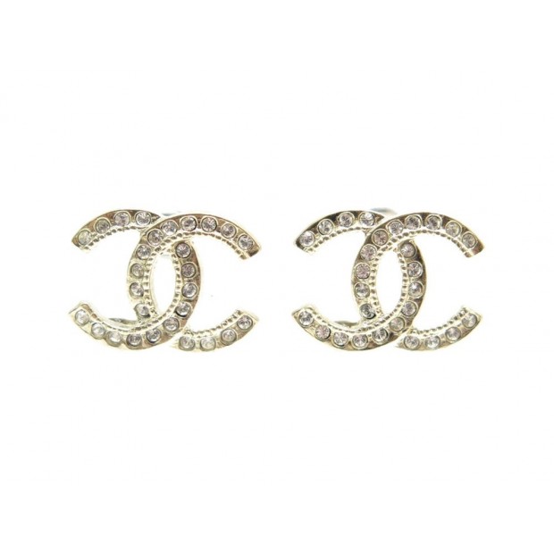 NEUF BOUCLES D'OREILLES CHANEL LOGO CC STRASS A88429 EN METAL DORE EARRINGS 320€