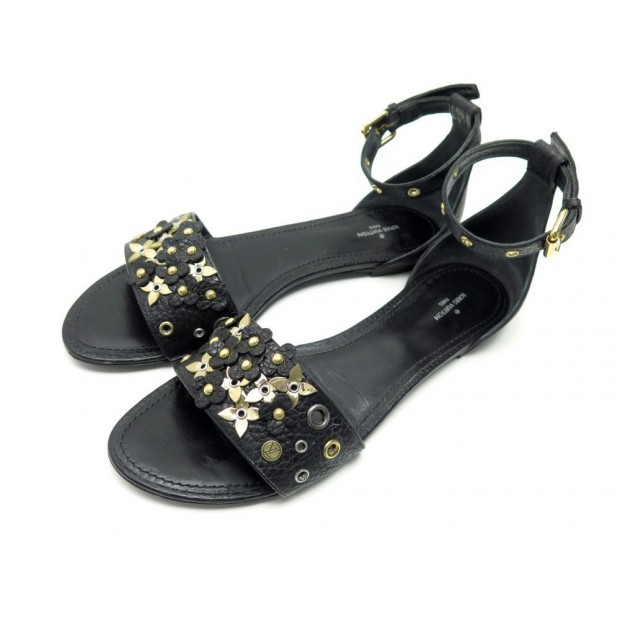 CHAUSSURES LOUIS VUITTON TROPICAL BLOOM 40 SANDALES CUIR NOIR + BOITE SHOES 840€