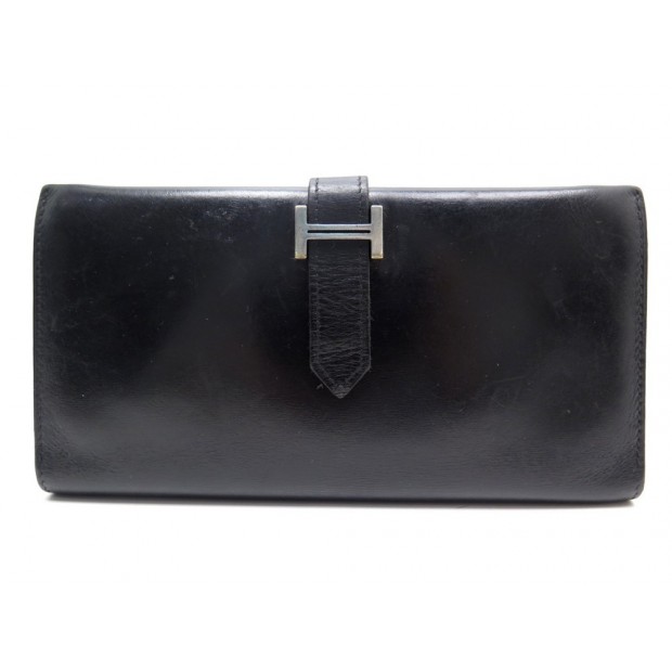 PORTEFEUILLE HERMES BEARN EN CUIR BOX NOIR PORTE MONNAIE H ARGENTE WALLET 2080€