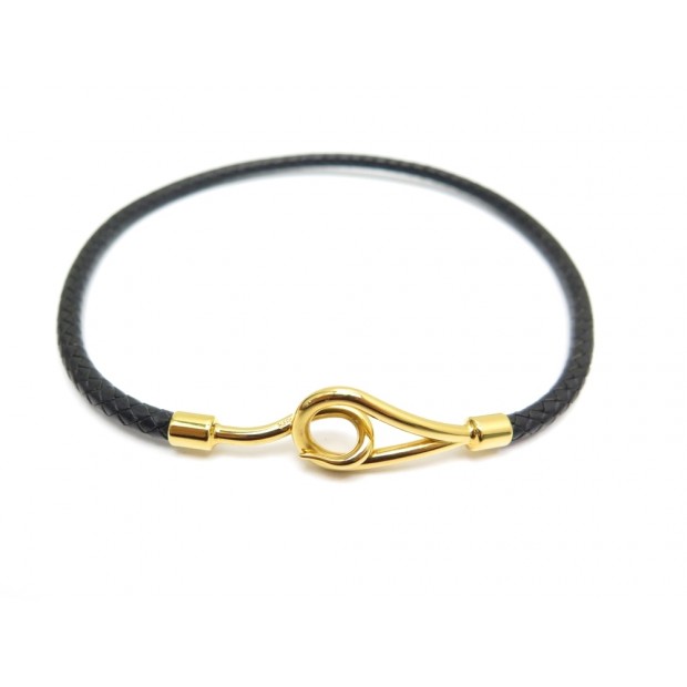 NEUF COLLIER HERMES JUMBO 38 CM CUIR NOIR PLAQUE OR BRACELET DOUBLE TOUR 261€